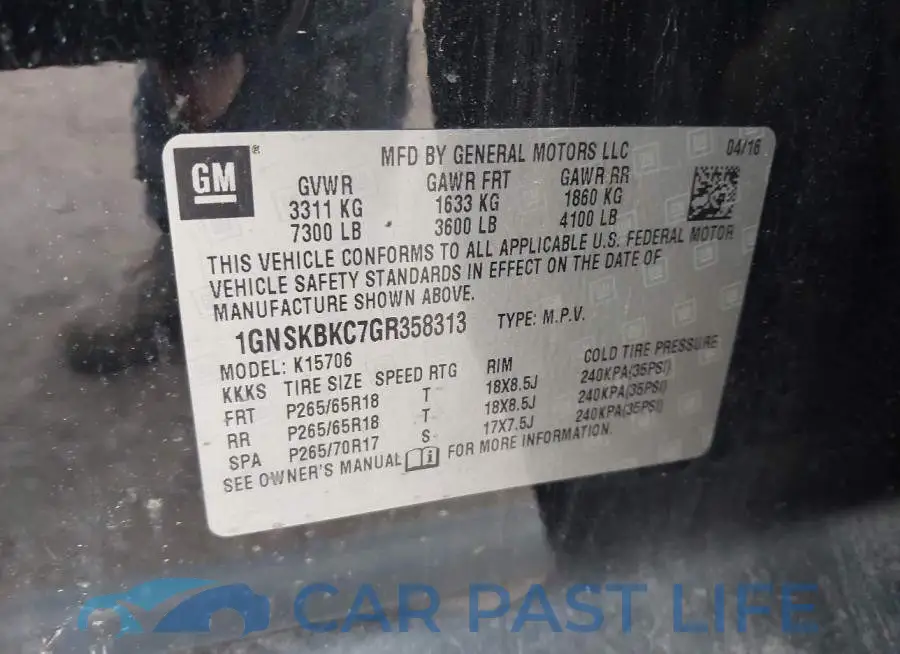 1GNSKBKC7GR358313# 9