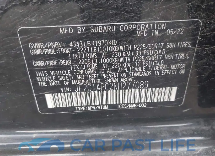 JF2GTAPC2NH277089# 9
