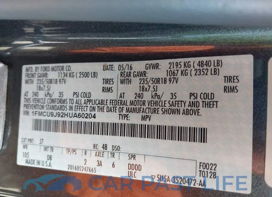 1FMCU9J92HUA60204# 9