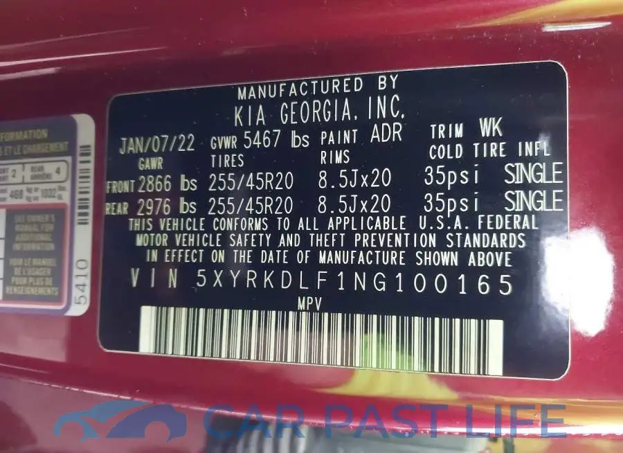 5XYRKDLF1NG100165# 9
